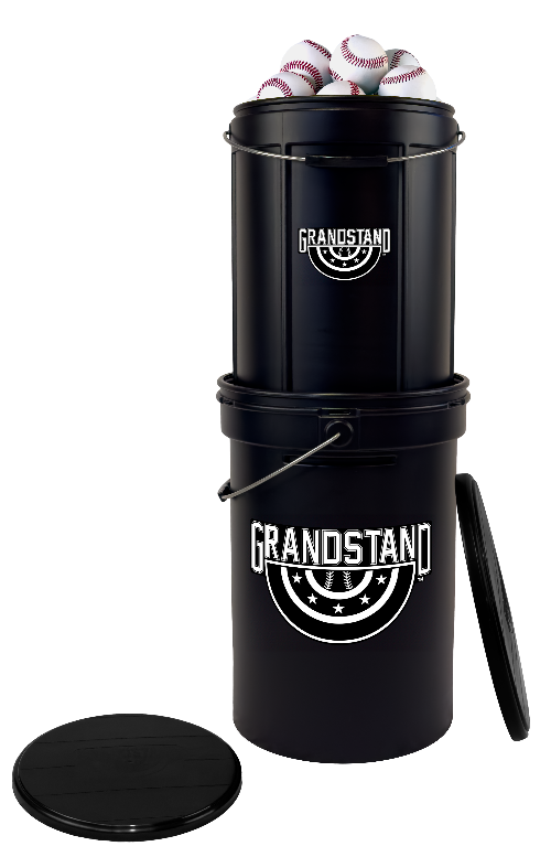 Black baseball bucket storage container with 'Grandstand' branding on a white background