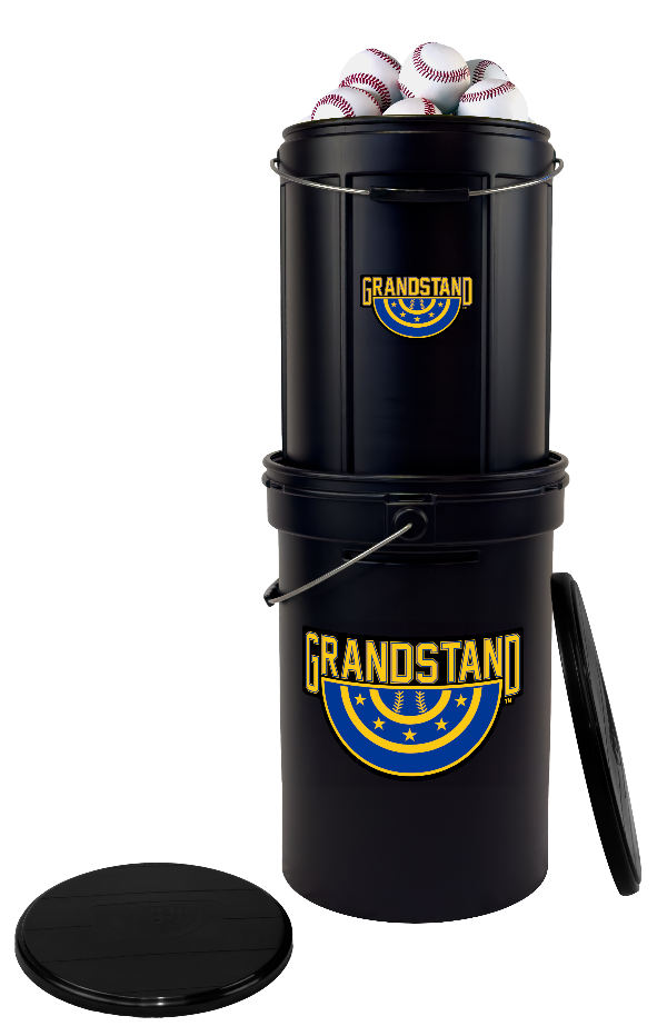 Black baseball bucket with 'Grandstand' branding on a white background