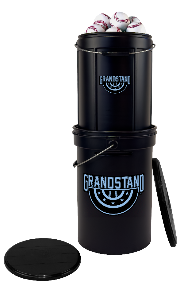 Black baseball bucket with 'Grandstand' branding on a white background