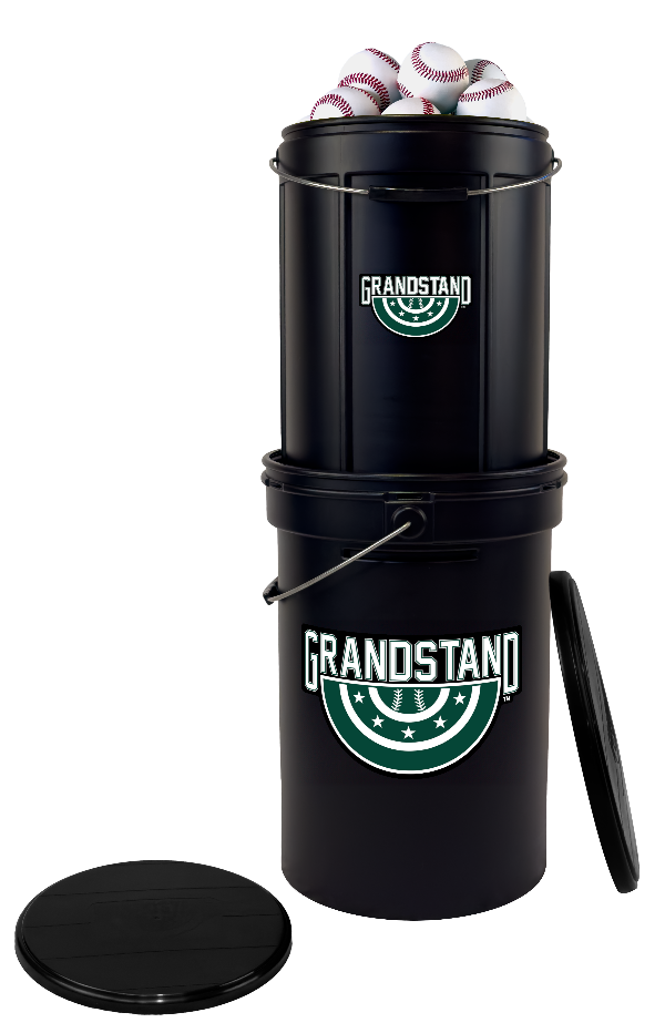 Black baseball bucket with 'Grandstand' branding and baseballs on a white background - great coaches gift