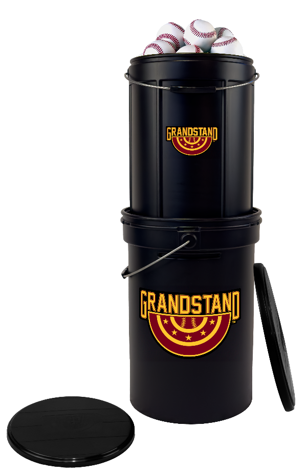 baseball bucket with 'Grandstand' logo, containing baseballs, on a white background