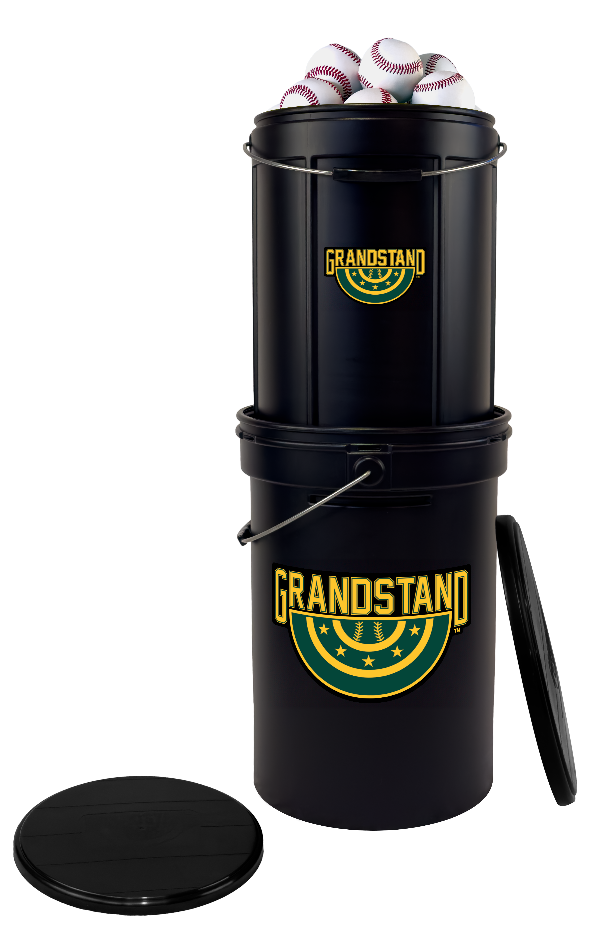 Black baseball bucket with 'Grandstand' branding and baseballs on a white background