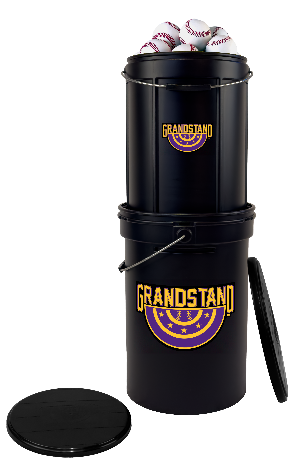 Black baseball bucket with 'Grandstand' branding on a white background