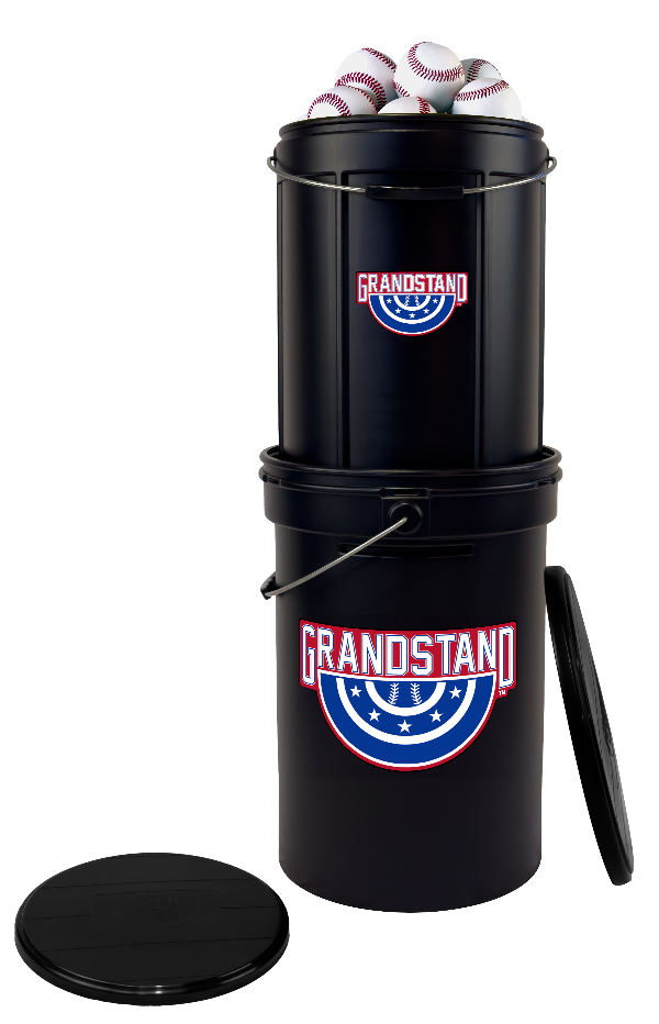 Black baseball bucket with 'Grandstand' branding and baseballs on a white background