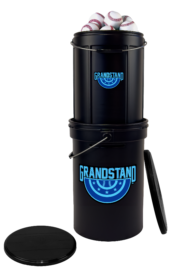 Black baseball bucket with 'Grandstand' branding on a white background - baseball ball caddy