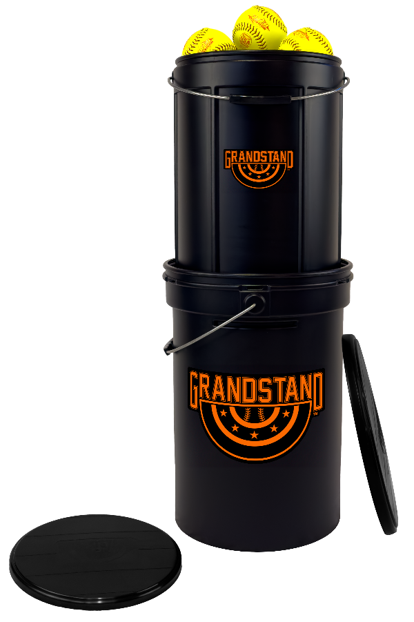 Black bucket with yellow balls on top, branded 'Grandstand', on a white background