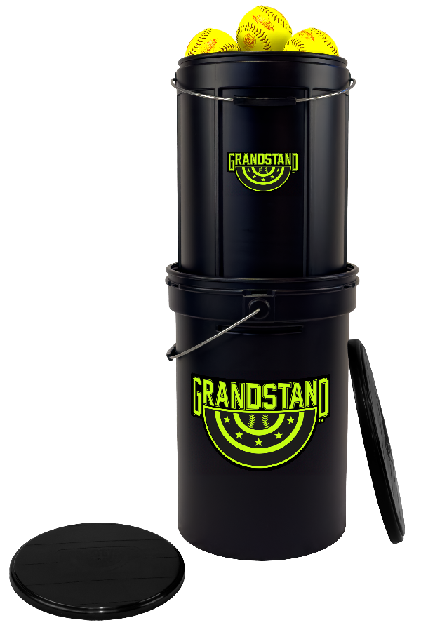Black bucket with yellow balls on top, branded 'Grandstand', on a white background