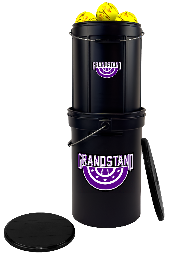 Black container with yellow balls on a white background, featuring 'Grandstand' branding.