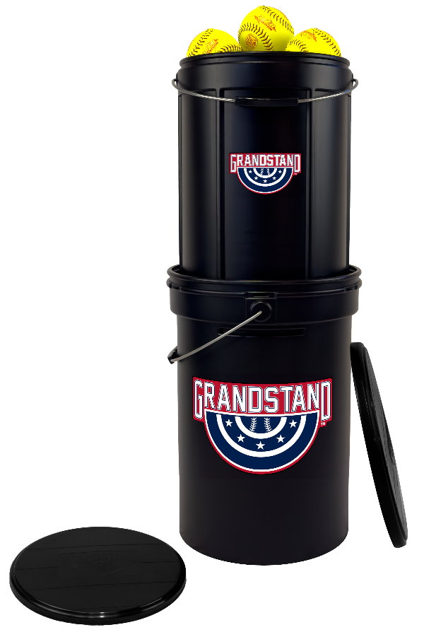 Black container with 'Grandstand' branding holding yellow softballs on a white background