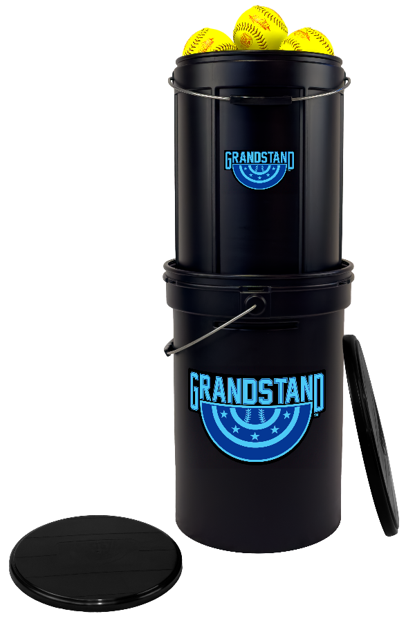 Black container with 'Grandstand' branding, holding yellow softballs - ball caddy replacement