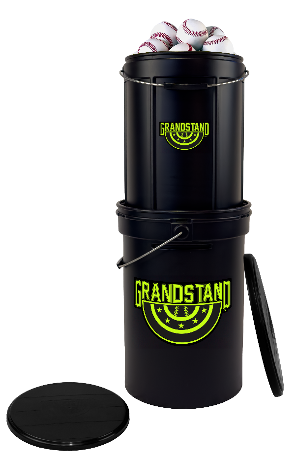 Black baseball bucket with 'Grandstand' branding and baseballs on a white background